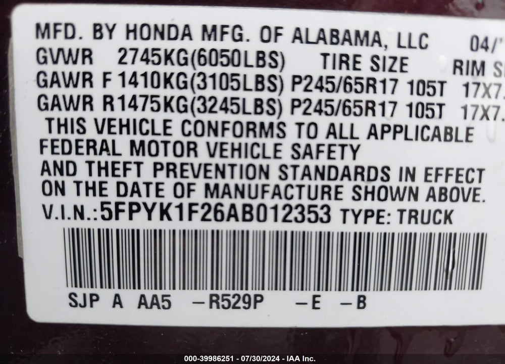 2010 HONDA RIDGELINE RT VIN: 5FPYK1F26AB012353