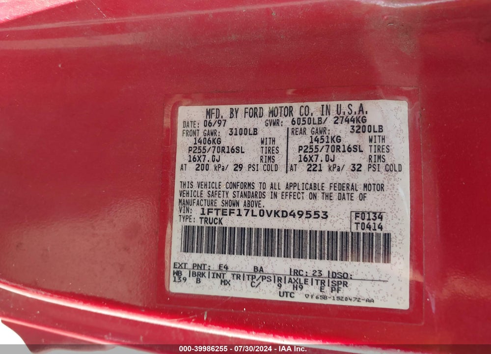 1997 FORD F-150 LARIAT/STANDARD/XL/XLT VIN: 1FTEF17L0VKD49553
