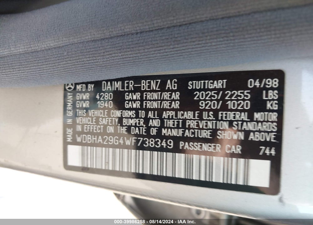 1998 MERCEDES-BENZ C 280 VIN: WDBHA29G4WF738349