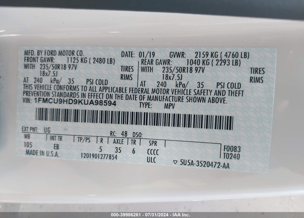 2019 FORD ESCAPE SEL VIN: 1FMCU9HD9KUA98594