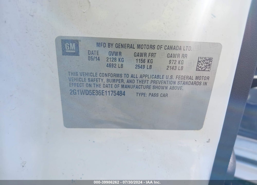 2014 CHEVROLET IMPALA LIMITED POLICE VIN: 2G1WD5E36E1175484