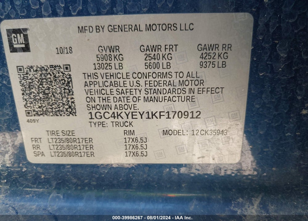 2019 CHEVROLET SILVERADO 3500HD HIGH COUNTRY VIN: 1GC4KYEY1KF170912