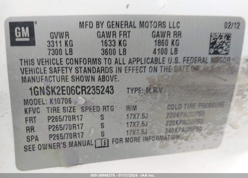 2012 CHEVROLET TAHOE VIN: 1GNSK2E06CR235243