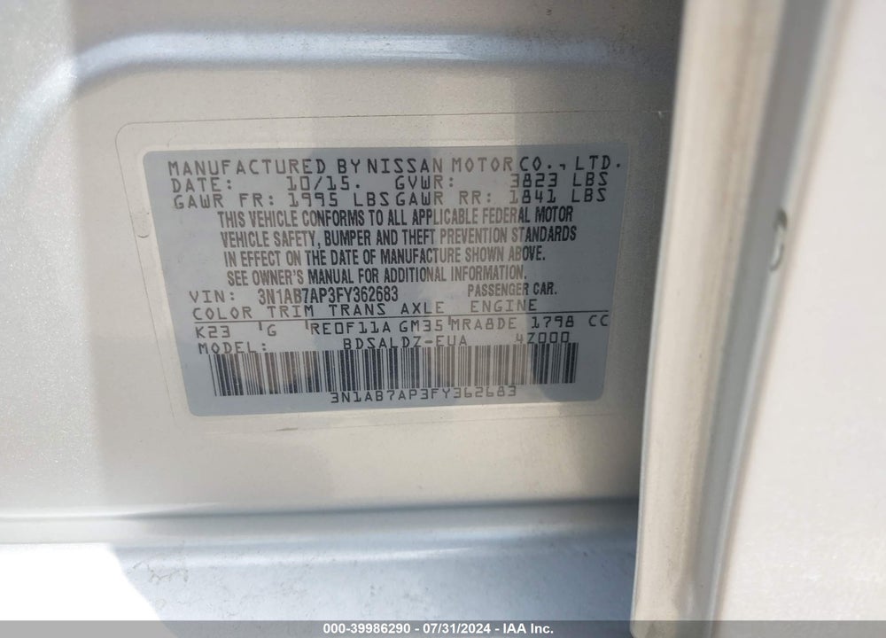 2015 NISSAN SENTRA SV VIN: 3N1AB7AP3FY362683