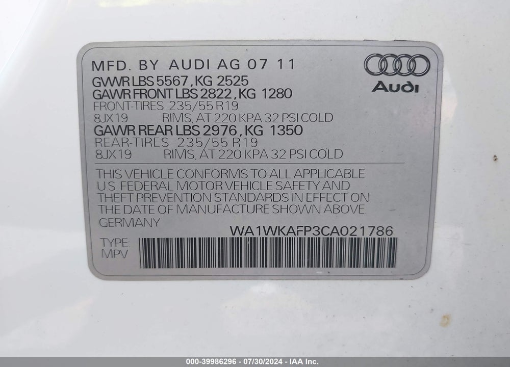 2012 AUDI Q5 3.2 PREMIUM VIN: WA1WKAFP3CA021786