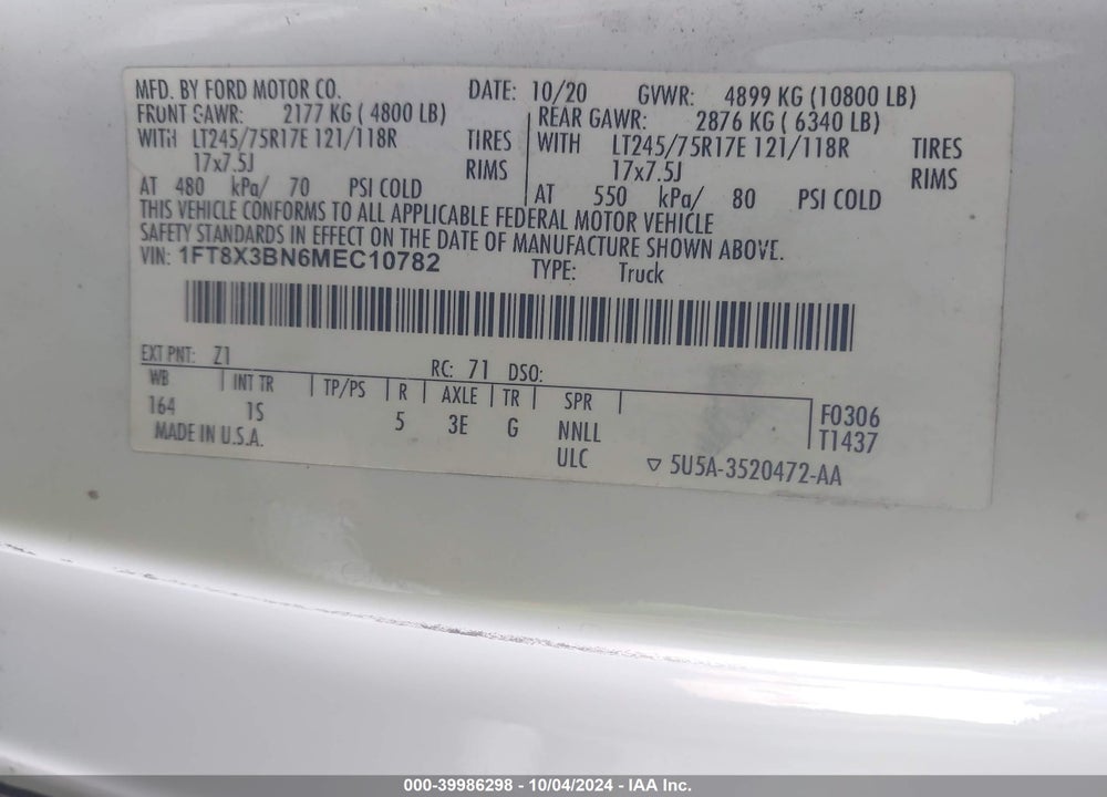 2021 FORD F-350 XL VIN: 1FT8X3BN6MEC10782