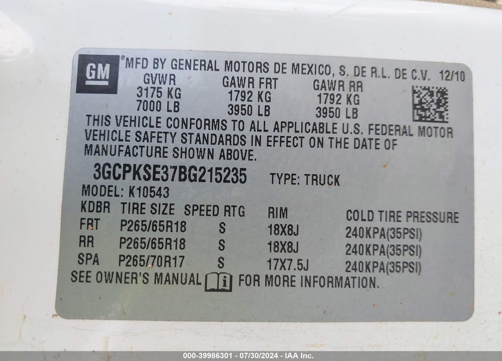 2011 CHEVROLET SILVERADO 1500 LT VIN: 3GCPKSE37BG215235