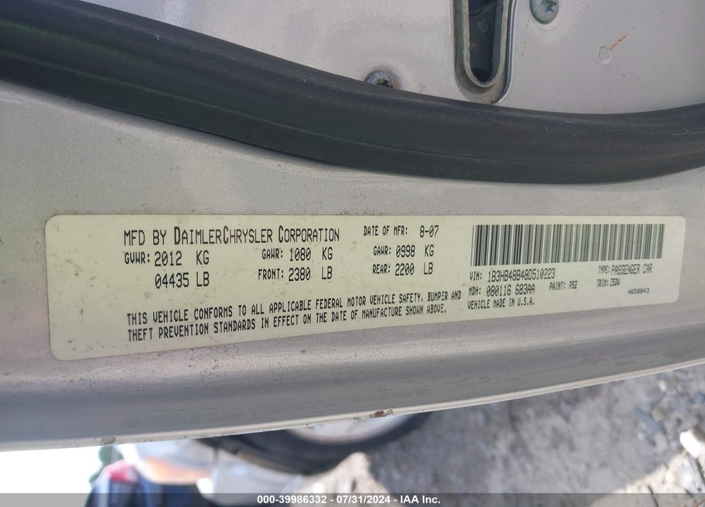 2008 DODGE CALIBER SXT VIN: 1B3HB48B48D510223