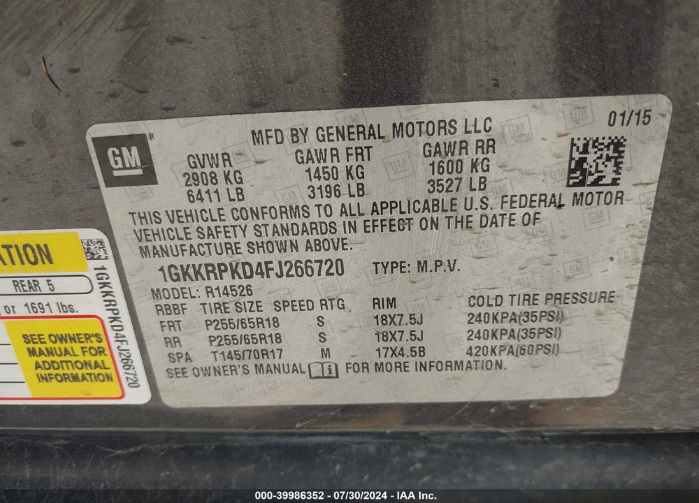 2015 GMC ACADIA SLE-2 VIN: 1GKKRPKD4FJ266720