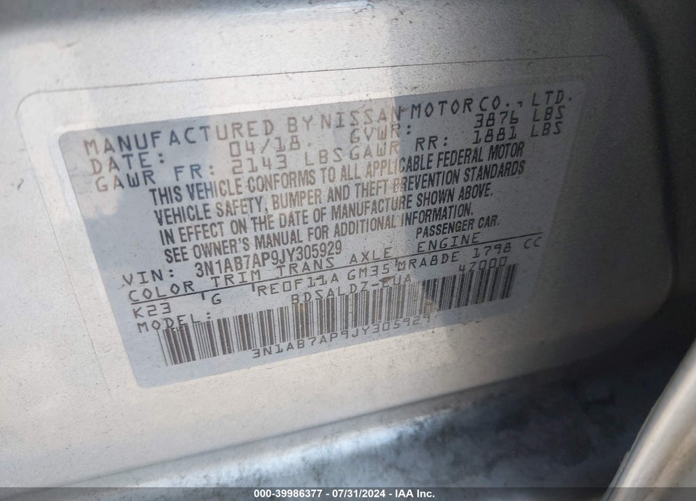 2018 NISSAN SENTRA SV VIN: 3N1AB7AP9JY305929