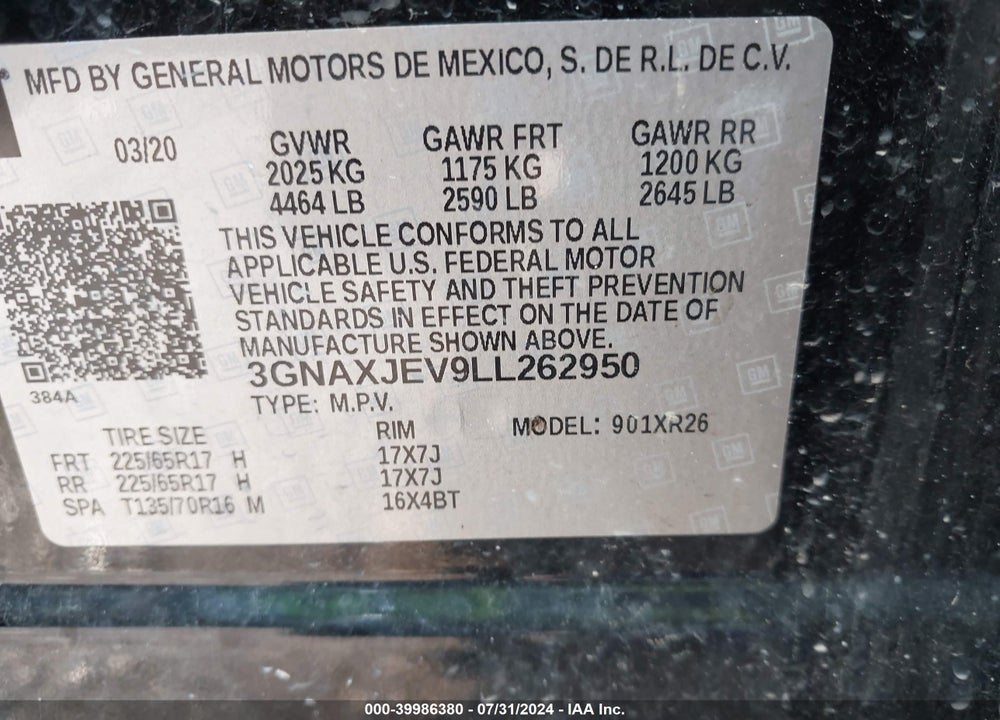 2020 CHEVROLET EQUINOX VIN: 3GNAXJEV9LL262950