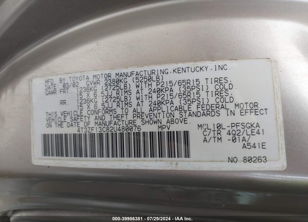 2002 TOYOTA SIENNA XLE VIN: 4T3ZF13C82U480076