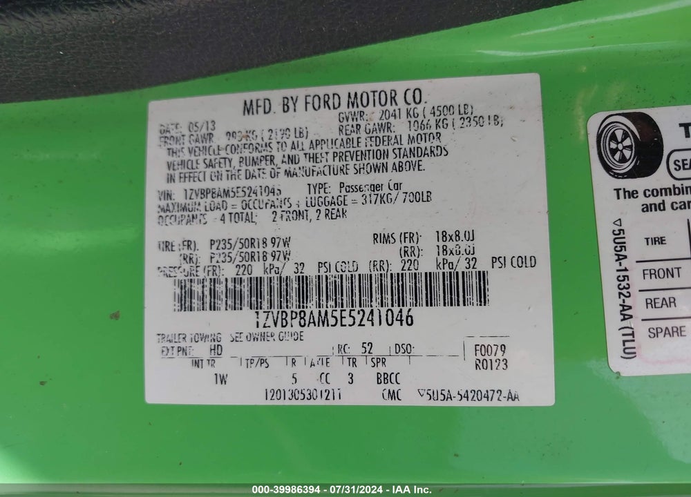 2014 FORD MUSTANG V6 VIN: 1ZVBP8AM5E5241046