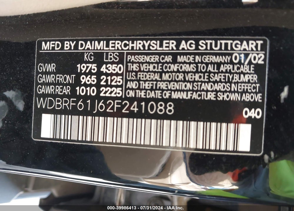 2002 MERCEDES-BENZ C 240 VIN: WDBRF61J62F241088