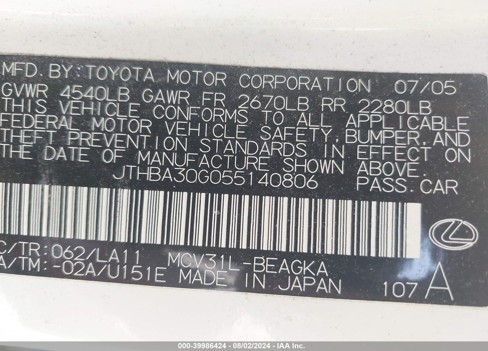 2005 LEXUS ES 330 VIN: JTHBA30G055140806