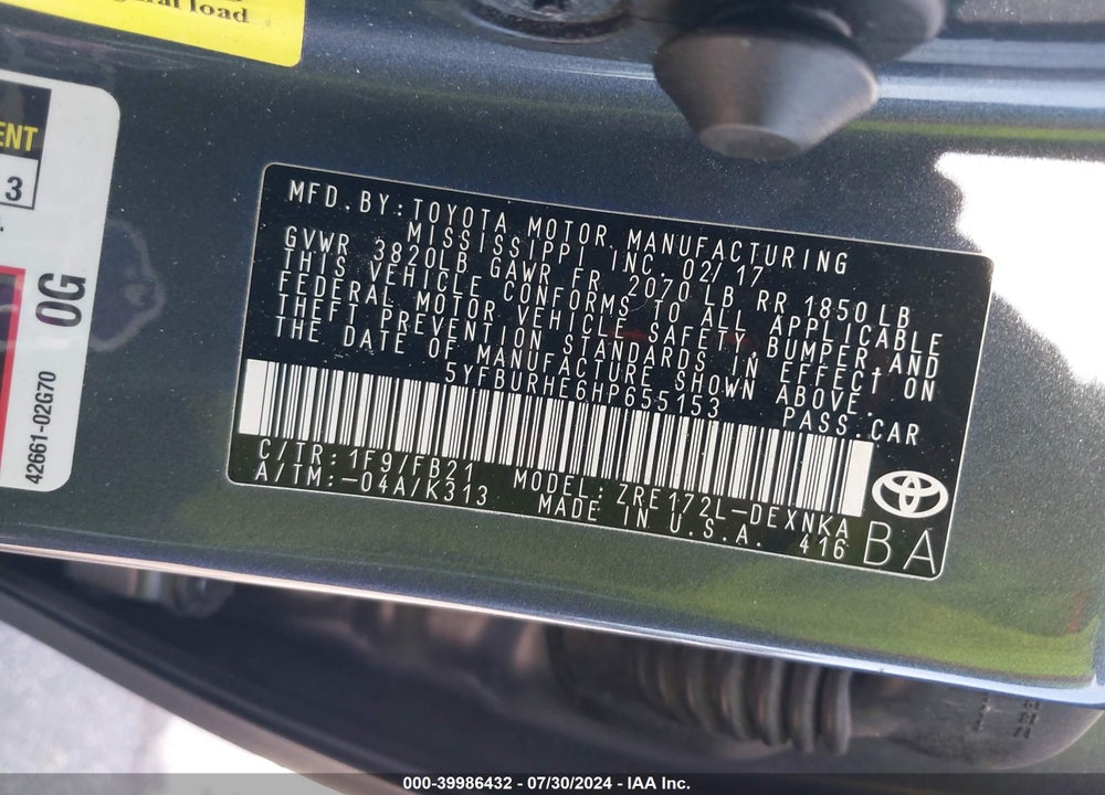 2017 TOYOTA COROLLA LE VIN: 5YFBURHE6HP655153
