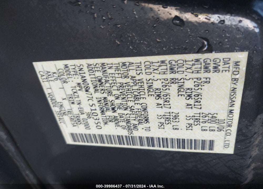 2007 NISSAN XTERRA SE VIN: 5N1AN08W77C510350