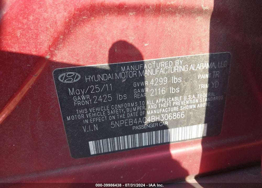 2011 HYUNDAI SONATA GLS VIN: 5NPEB4AC4BH306866