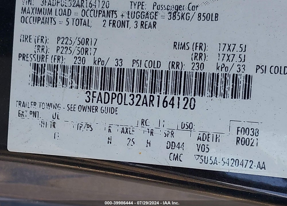 2010 FORD FUSION HYBRID VIN: 3FADP0L32AR164120