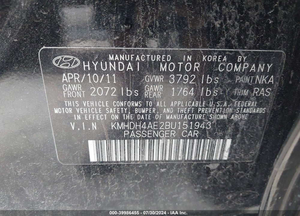 2011 HYUNDAI ELANTRA LIMITED (ULSAN PLANT) VIN: KMHDH4AE2BU151943