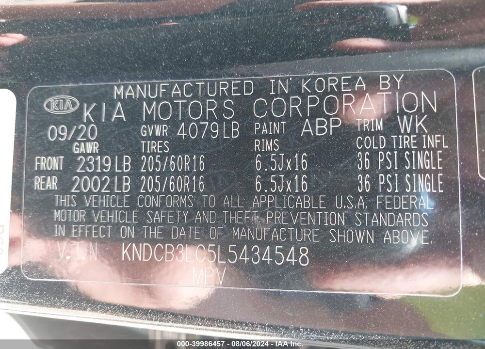 2020 KIA NIRO LX VIN: KNDCB3LC5L5434548