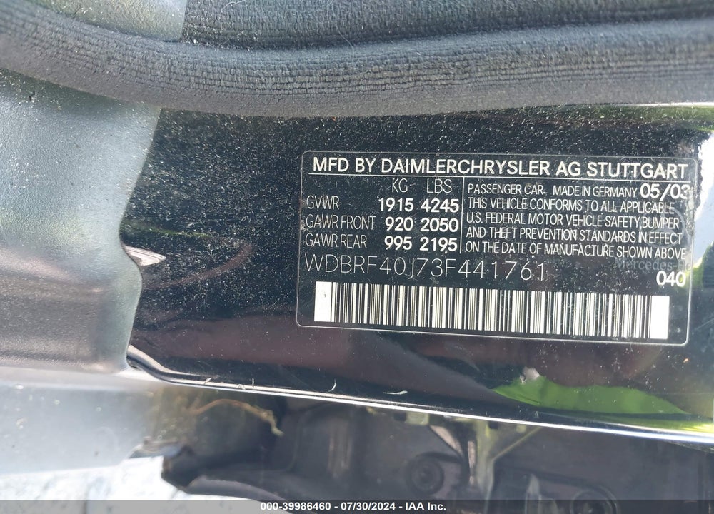 2003 MERCEDES-BENZ C 230 KOMPRESSOR SPORT VIN: WDBRF40J73F441761