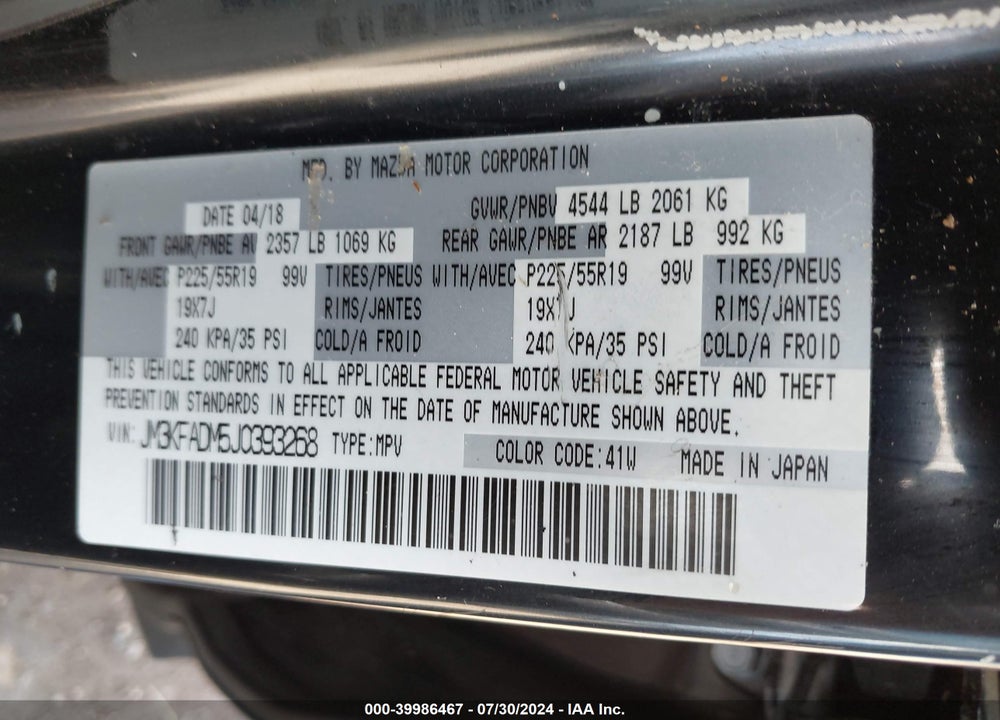 2018 MAZDA CX-5 GRAND TOURING VIN: JM3KFADM5J0393268