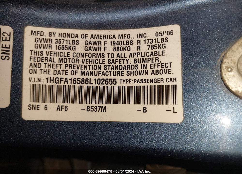 2006 HONDA CIVIC LX VIN: 1HGFA16586L102655