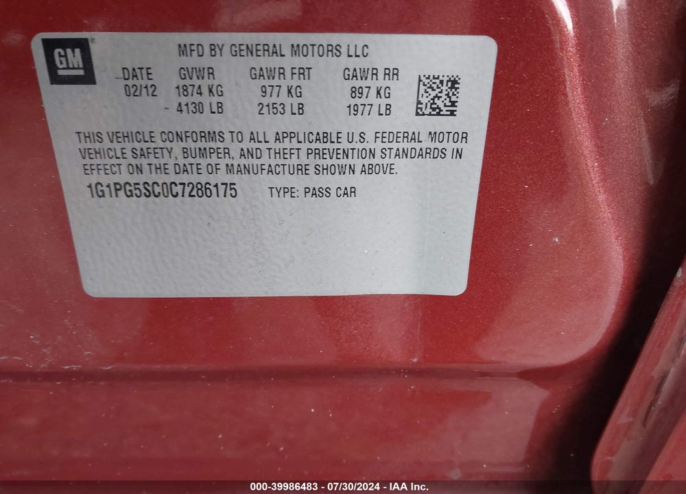 2012 CHEVROLET CRUZE 2LT VIN: 1G1PG5SC0C7286175