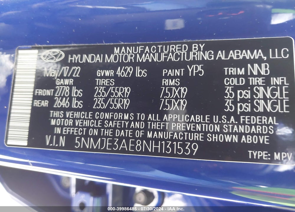 2022 HYUNDAI TUCSON LIMITED VIN: 5NMJE3AE8NH131539