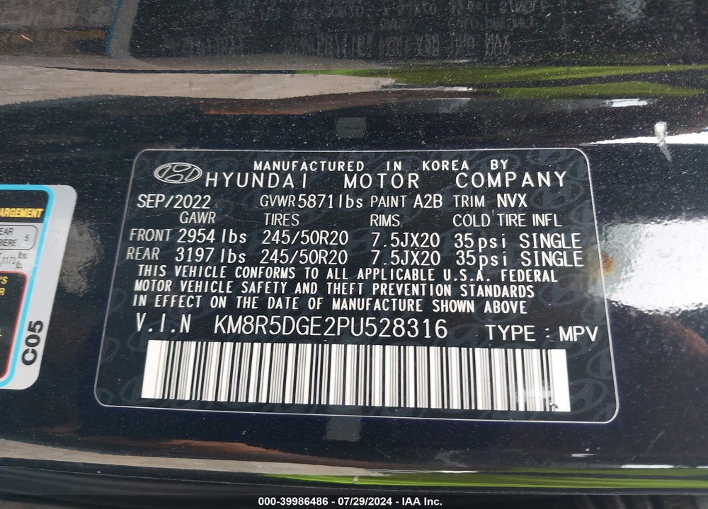 2023 HYUNDAI PALISADE LIMITED VIN: KM8R5DGE2PU528316