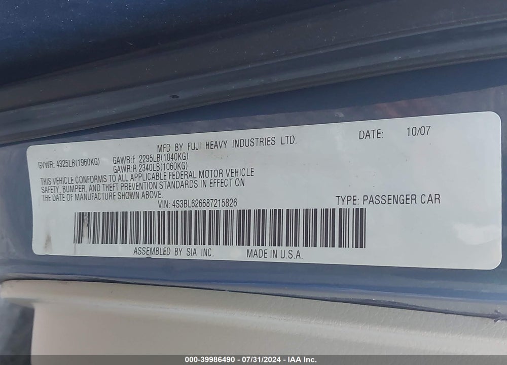 2008 SUBARU LEGACY VIN: 4S3BL626687215826
