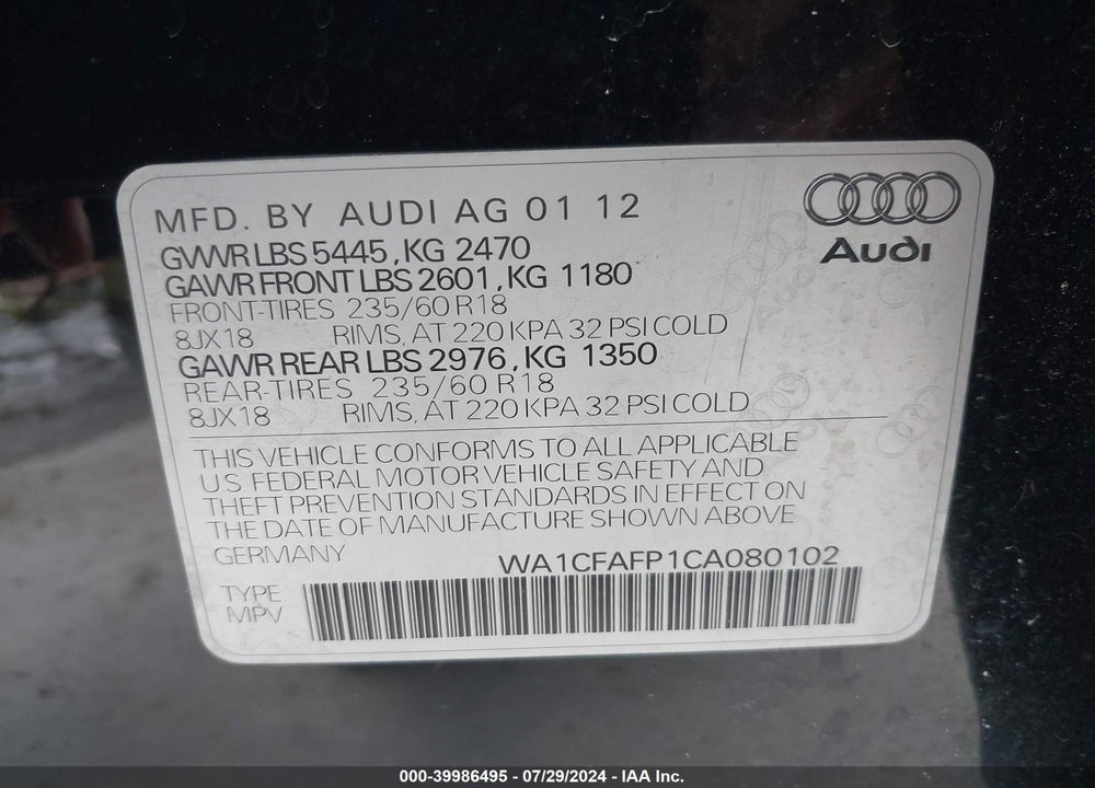 2012 AUDI Q5 2.0T PREMIUM VIN: WA1CFAFP1CA080102