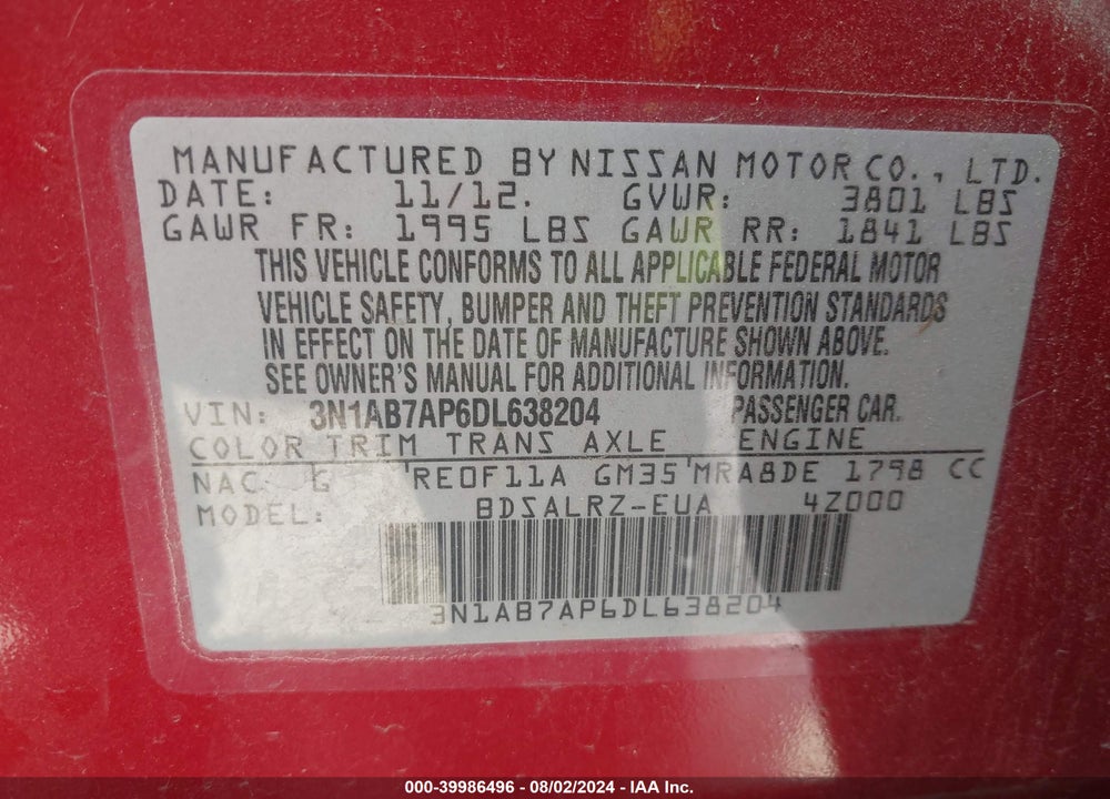 2013 NISSAN SENTRA SR VIN: 3N1AB7AP6DL638204