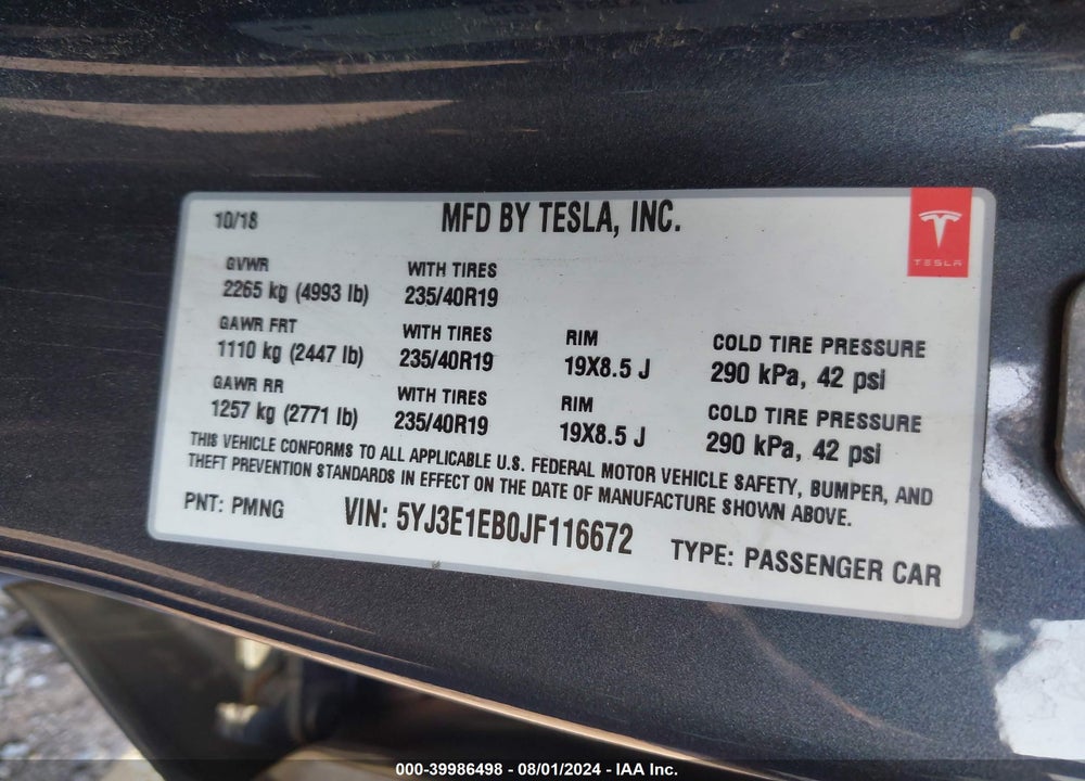 2018 TESLA MODEL 3 LONG RANGE/PERFORMANCE VIN: 5YJ3E1EB0JF116672