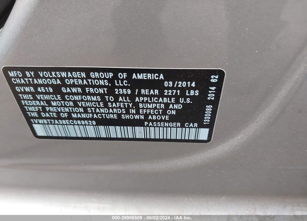 2014 VOLKSWAGEN PASSAT 1.8T SE VIN: 1VWBT7A38EC089529