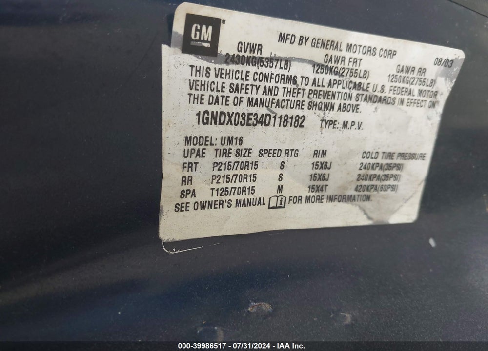 2004 CHEVROLET VENTURE LS VIN: 1GNDX03E34D118182