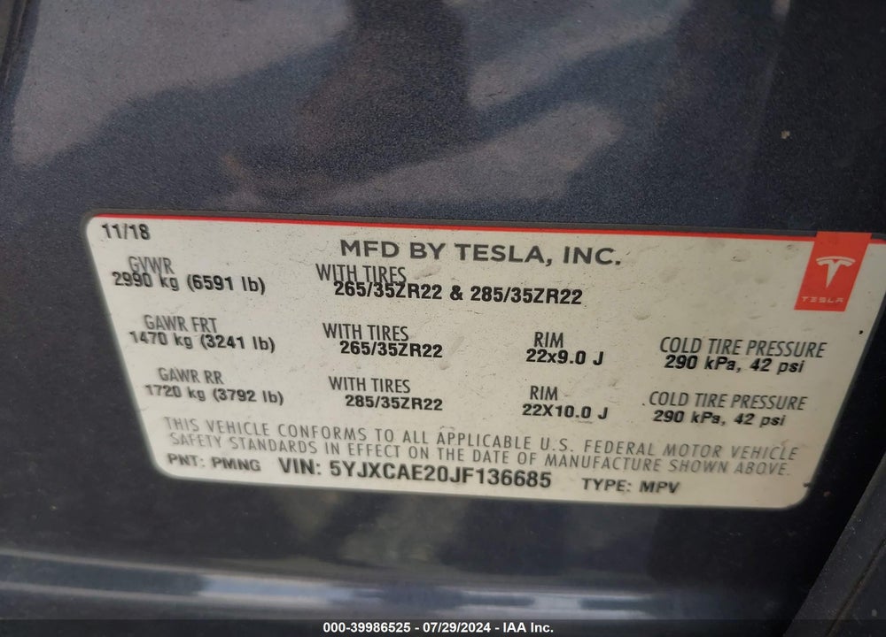 2018 TESLA MODEL X 100D/75D/P100D VIN: 5YJXCAE20JF136685