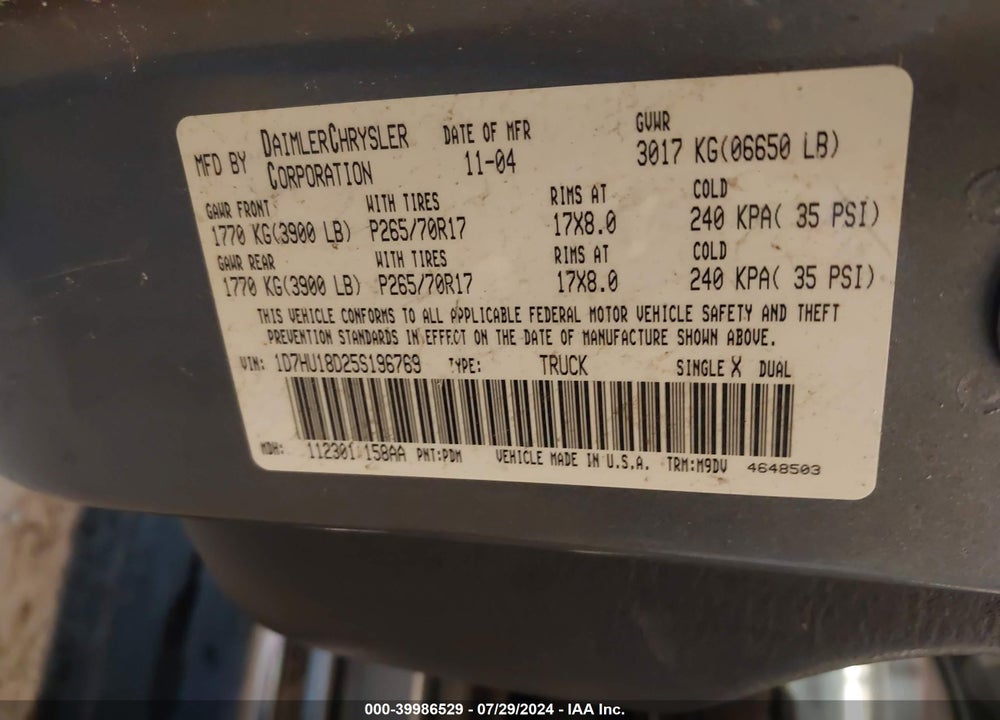 2005 DODGE RAM 1500 SLT/LARAMIE VIN: 1D7HU18D25S196769