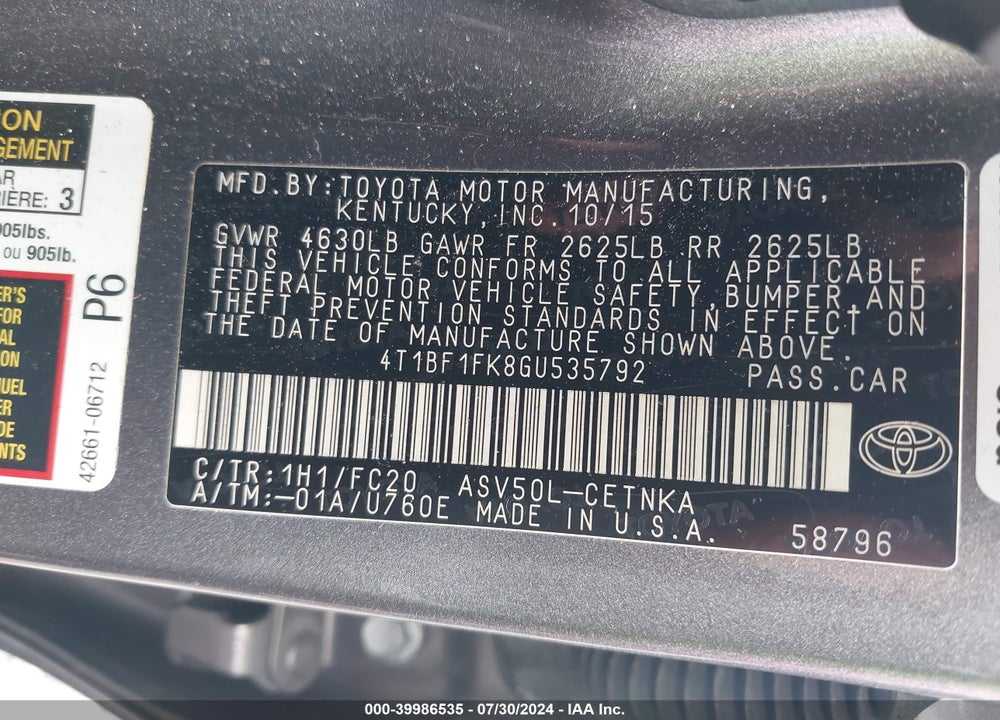 2016 TOYOTA CAMRY LE VIN: 4T1BF1FK8GU535792