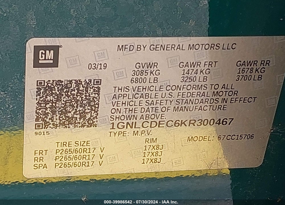 2019 CHEVROLET TAHOE COMMERCIAL VIN: 1GNLCDEC6KR300467