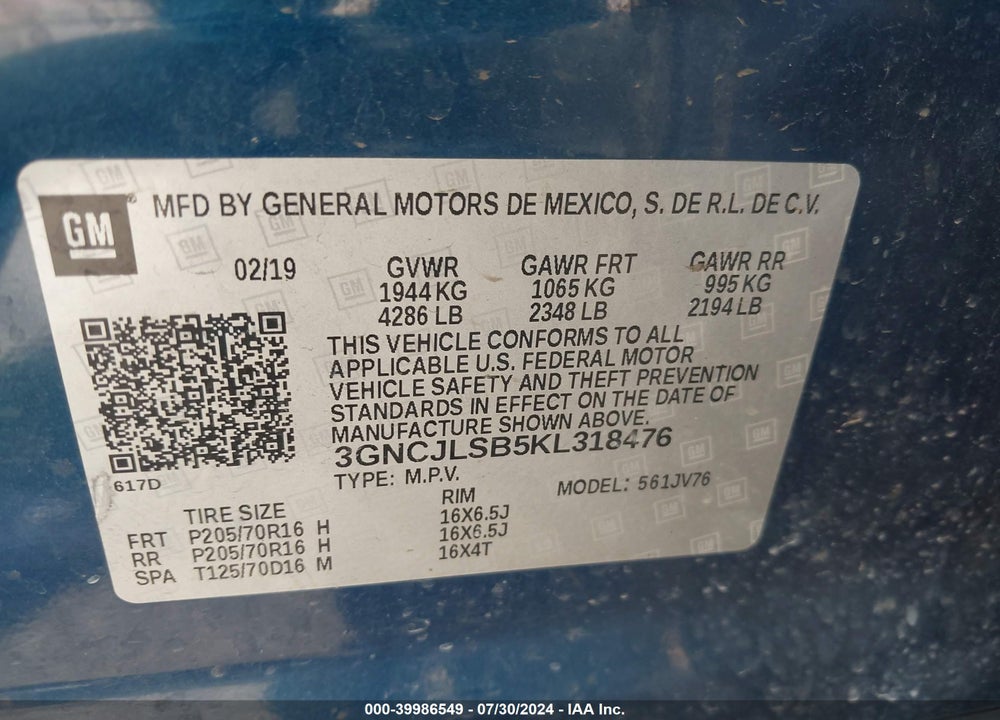 2019 CHEVROLET TRAX LT VIN: 3GNCJLSB5KL318476