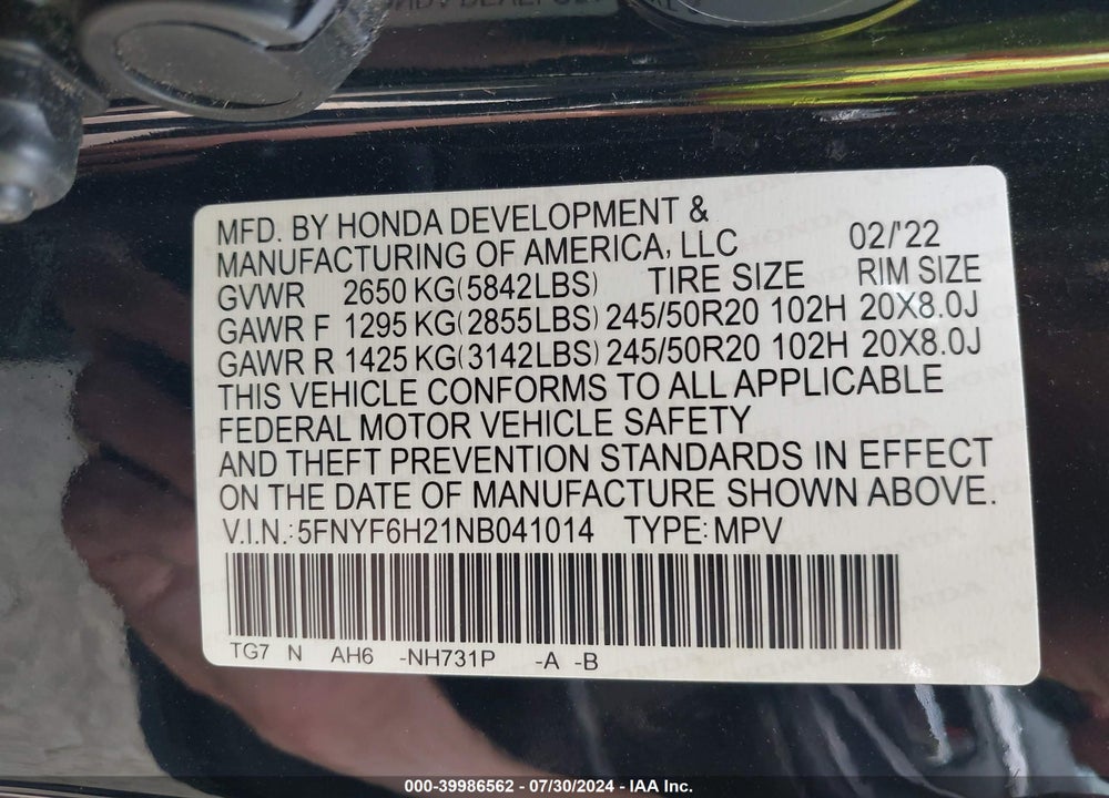 2022 HONDA PILOT AWD SPECIAL EDITION VIN: 5FNYF6H21NB041014