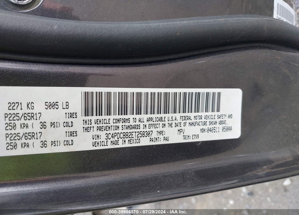 2014 DODGE JOURNEY SXT VIN: 3C4PDCBB2ET258307