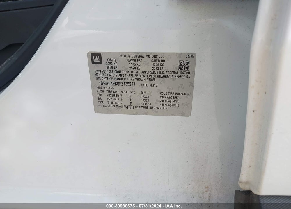 2015 CHEVROLET EQUINOX LS VIN: 1GNALAEK6FZ135247
