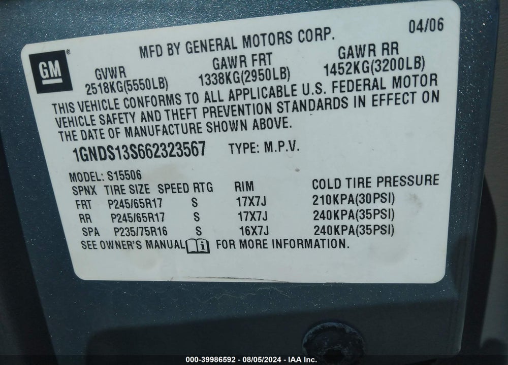 2006 CHEVROLET TRAILBLAZER LS VIN: 1GNDS13S662323567