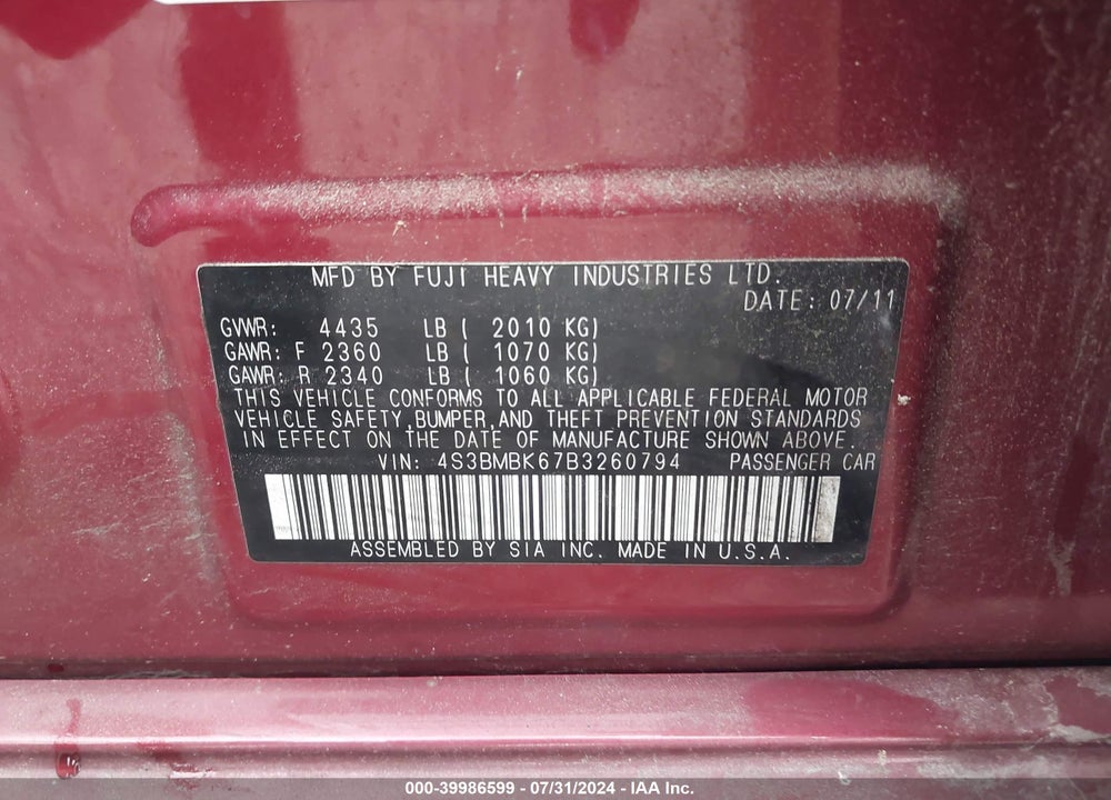 2011 SUBARU LEGACY 2.5I LIMITED VIN: 4S3BMBK67B3260794