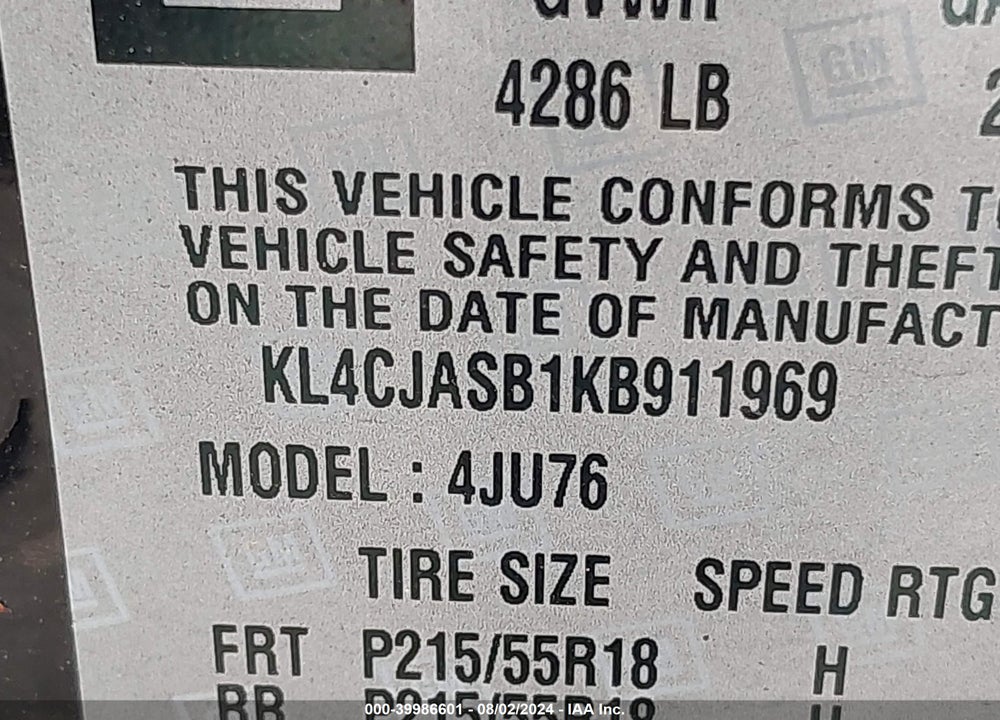 2019 BUICK ENCORE FWD PREFERRED VIN: KL4CJASB1KB911969