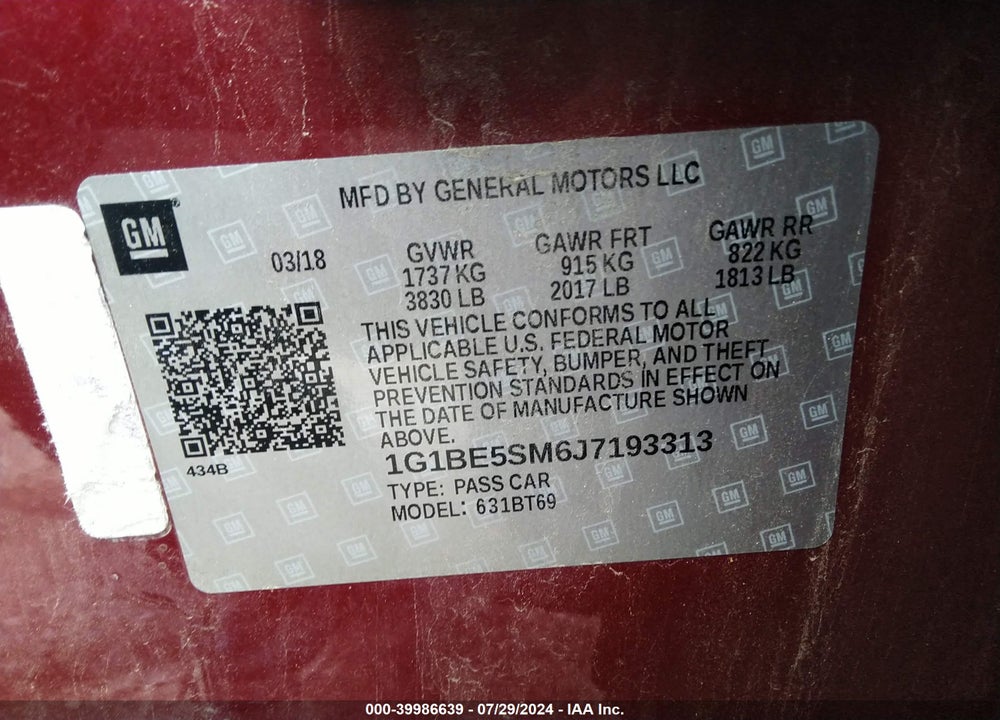2018 CHEVROLET CRUZE LT AUTO VIN: 1G1BE5SM6J7193313