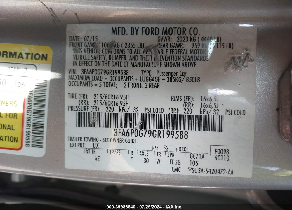 2016 FORD FUSION S VIN: 3FA6P0G79GR199588